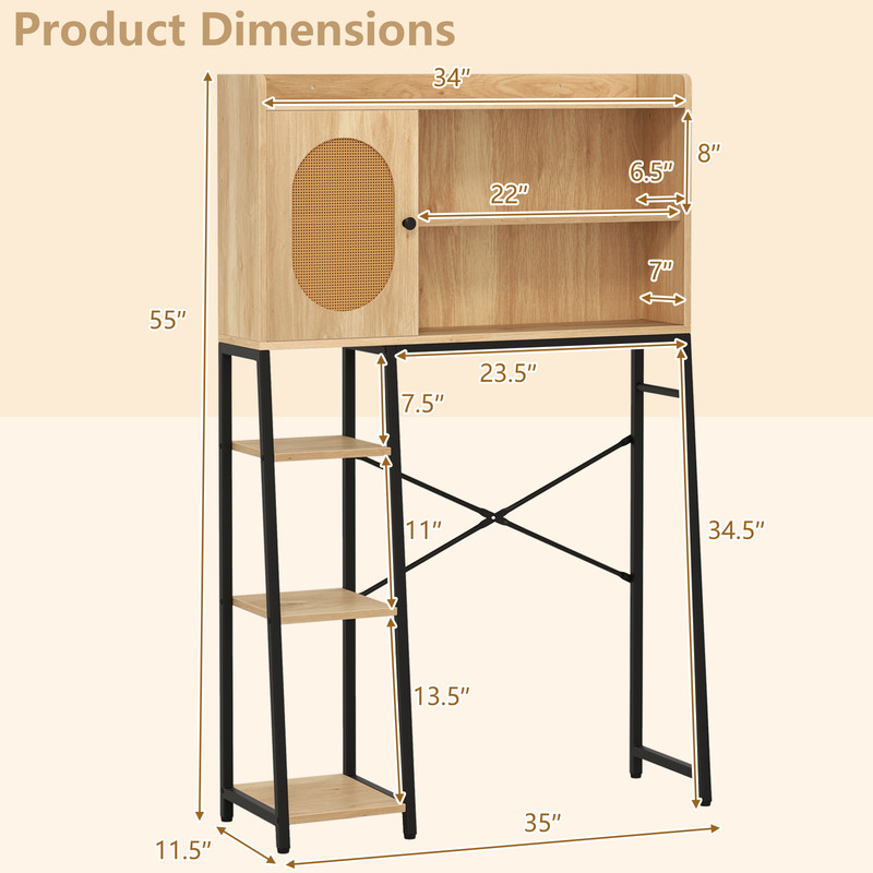 Freestanding Over The Toilet Storage Cabinet With PE Rattan Door Open Shelves  Adjustable Compartme 6