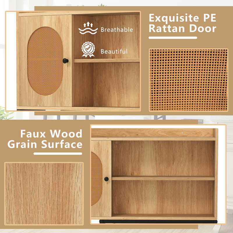 Freestanding Over The Toilet Storage Cabinet With PE Rattan Door Open Shelves  Adjustable Compartme 4