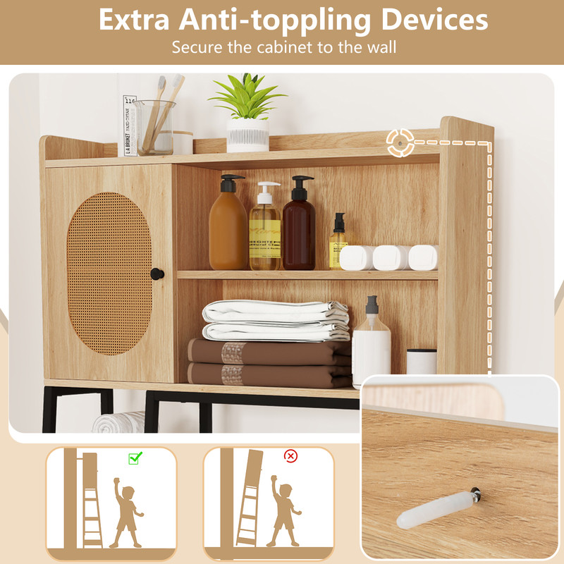 Freestanding Over The Toilet Storage Cabinet With PE Rattan Door Open Shelves  Adjustable Compartme 5