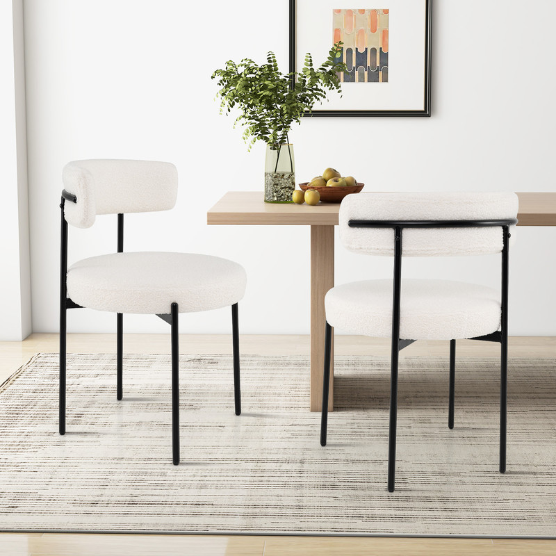 Boucle Dining Chairs With Curved Backrest  Metal Legs Modern Upholstered Round Seat Side Chairs For 3