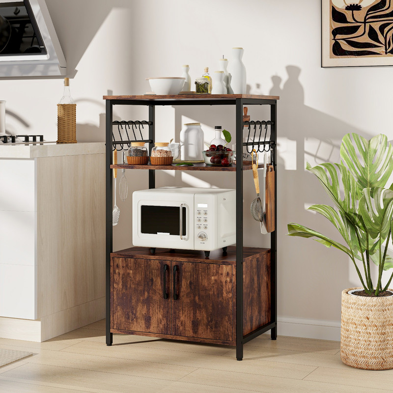 Industrial Kitchen Bakers Rack With Cabinet And Open Shelves Microwave Storage Organizer With Hooks 1