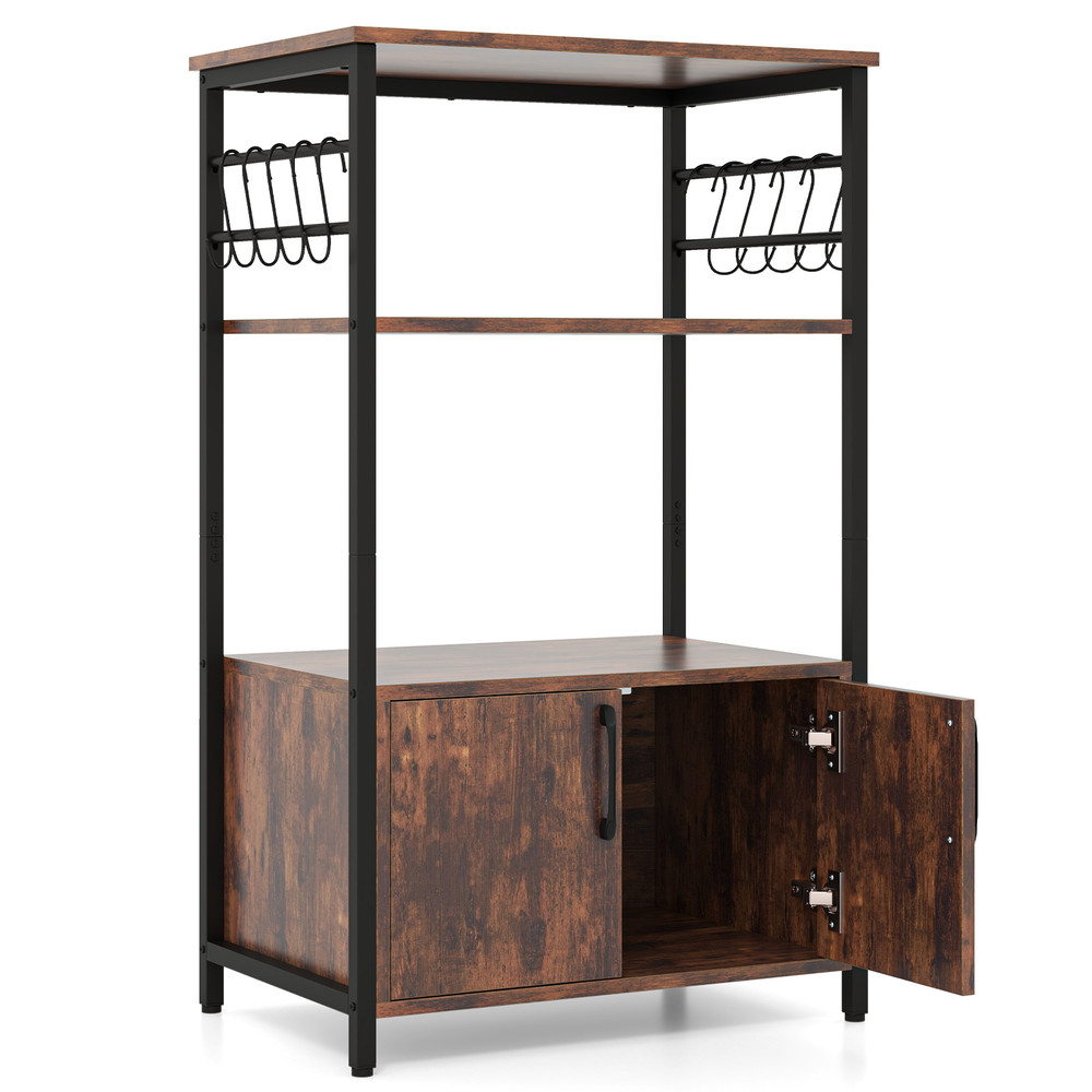 Industrial Kitchen Bakers Rack With Cabinet And Open Shelves Microwave Storage Organizer With Hooks 0