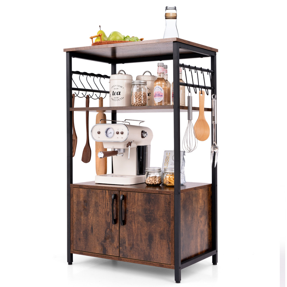 Industrial Kitchen Bakers Rack With Cabinet And Open Shelves Microwave Storage Organizer With Hooks 7