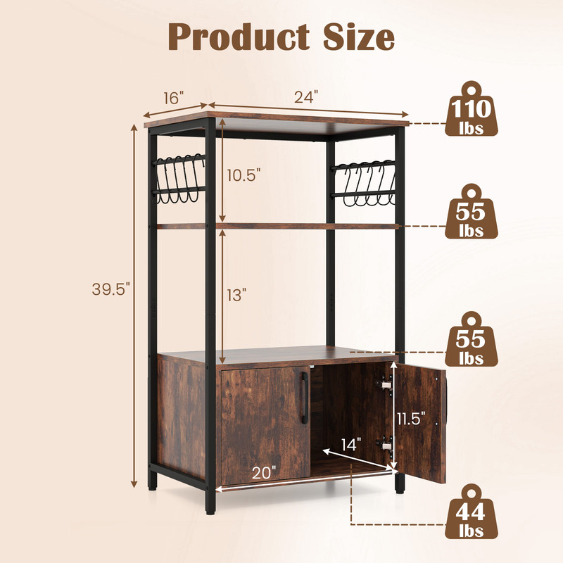 Industrial Kitchen Bakers Rack With Cabinet And Open Shelves Microwave Storage Organizer With Hooks 6