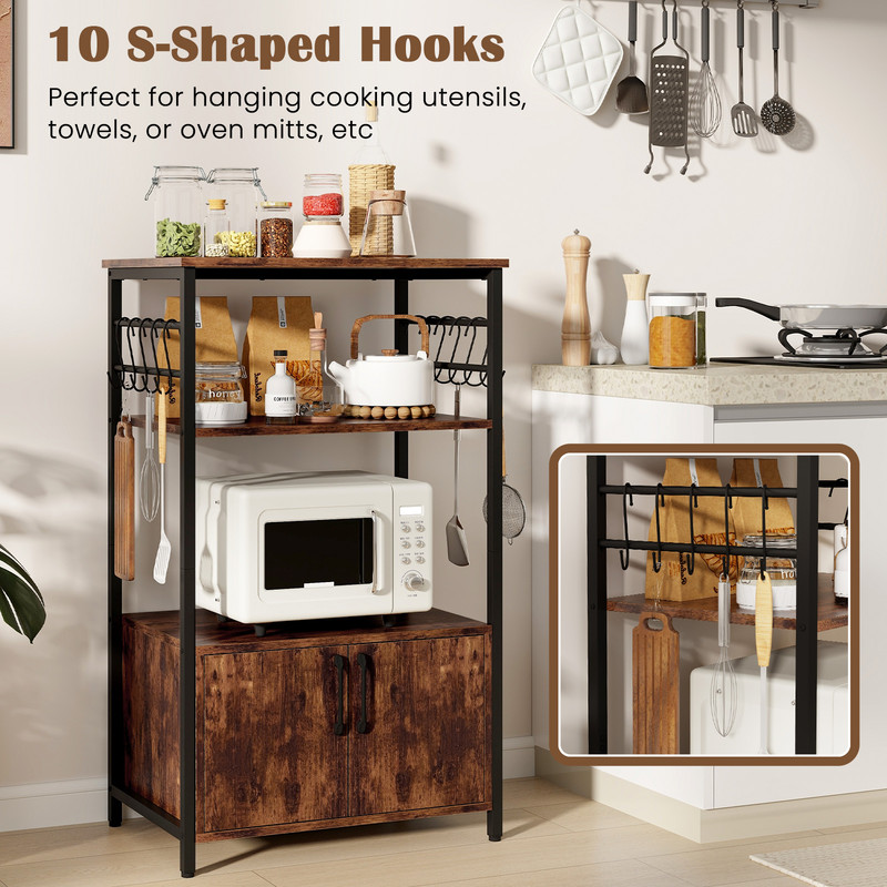 Industrial Kitchen Bakers Rack With Cabinet And Open Shelves Microwave Storage Organizer With Hooks 3