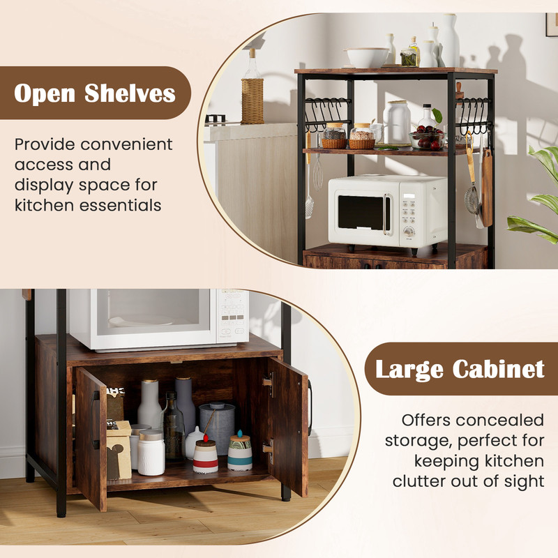 Industrial Kitchen Bakers Rack With Cabinet And Open Shelves Microwave Storage Organizer With Hooks 4