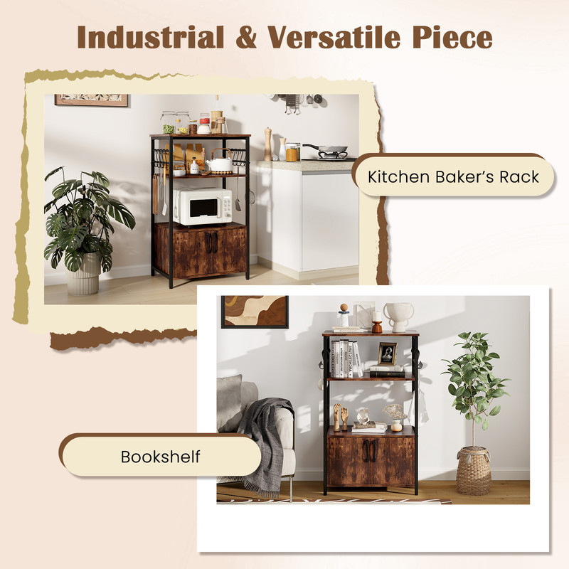 Industrial Kitchen Bakers Rack With Cabinet And Open Shelves Microwave Storage Organizer With Hooks 5