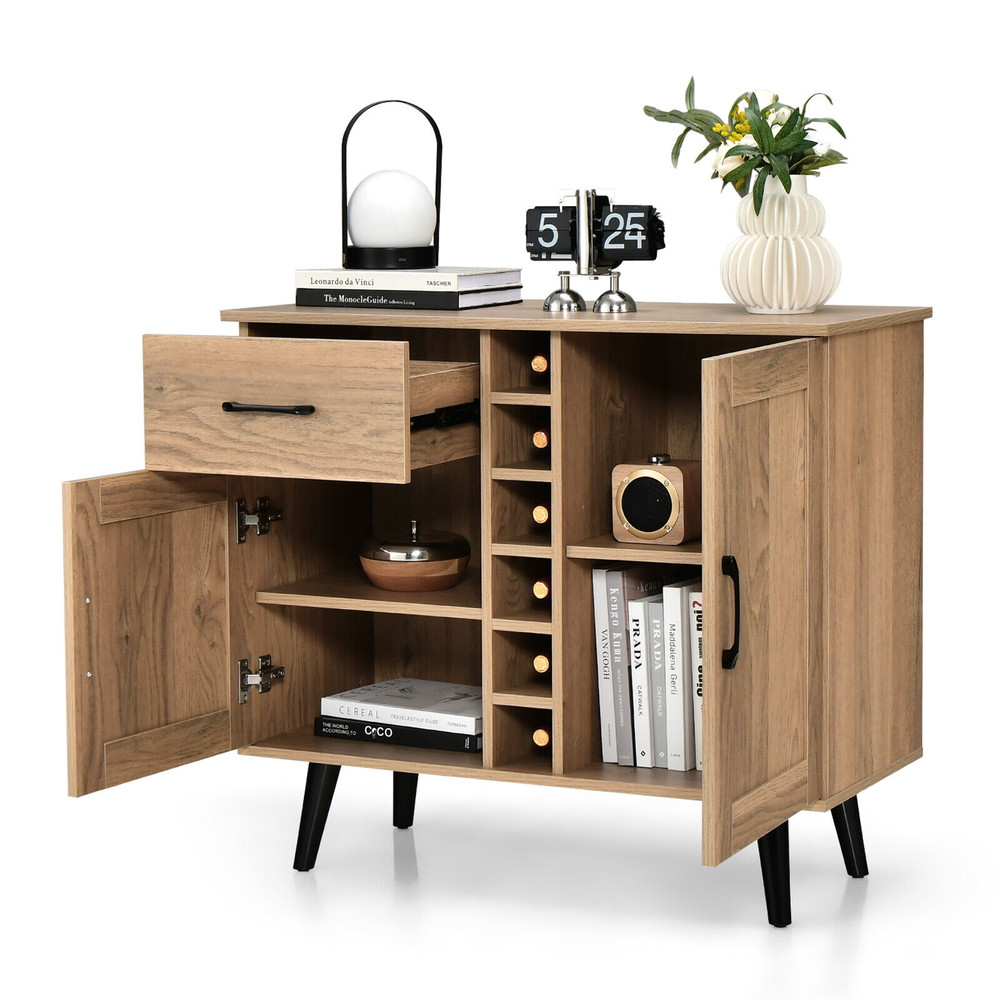 Modern Wine Bar Buffet Cabinet With Bottle Wine Rack Adjustable Storage Drawer  Double Door Sideboa 7