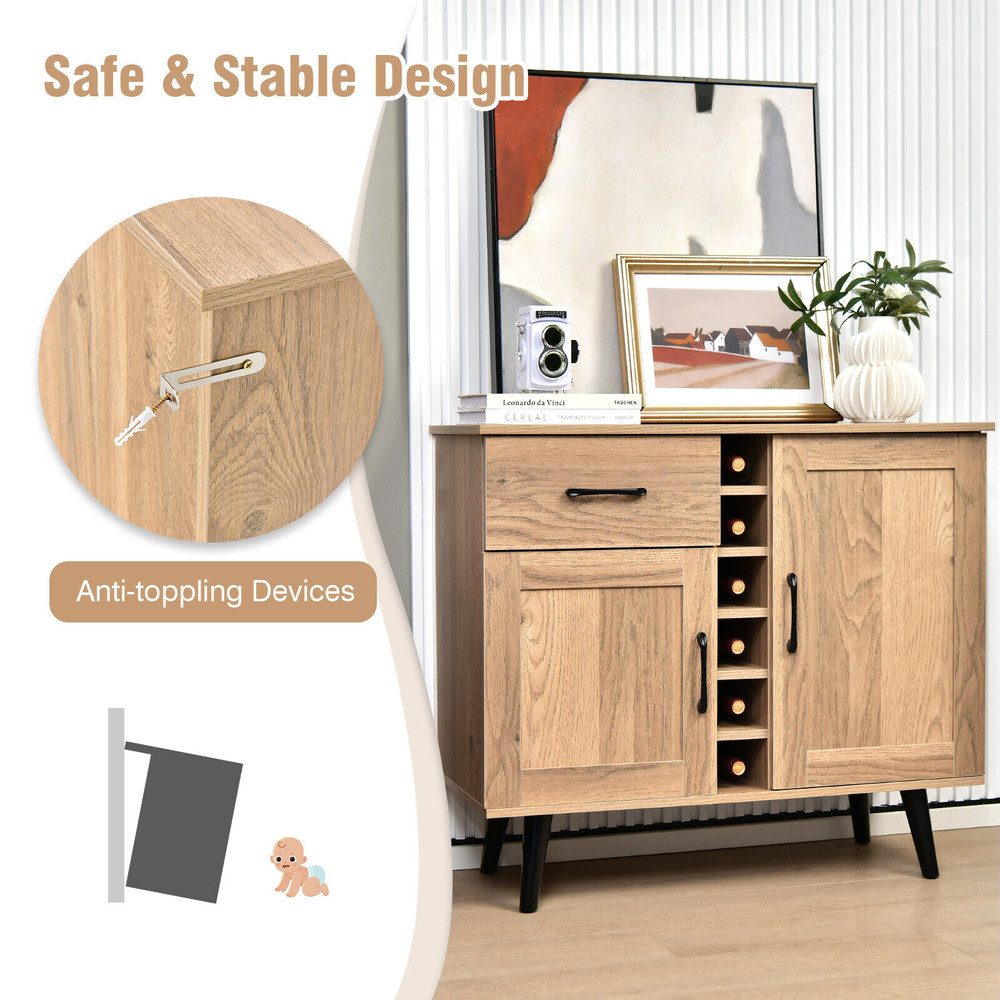 Modern Wine Bar Buffet Cabinet With Bottle Wine Rack Adjustable Storage Drawer  Double Door Sideboa 4