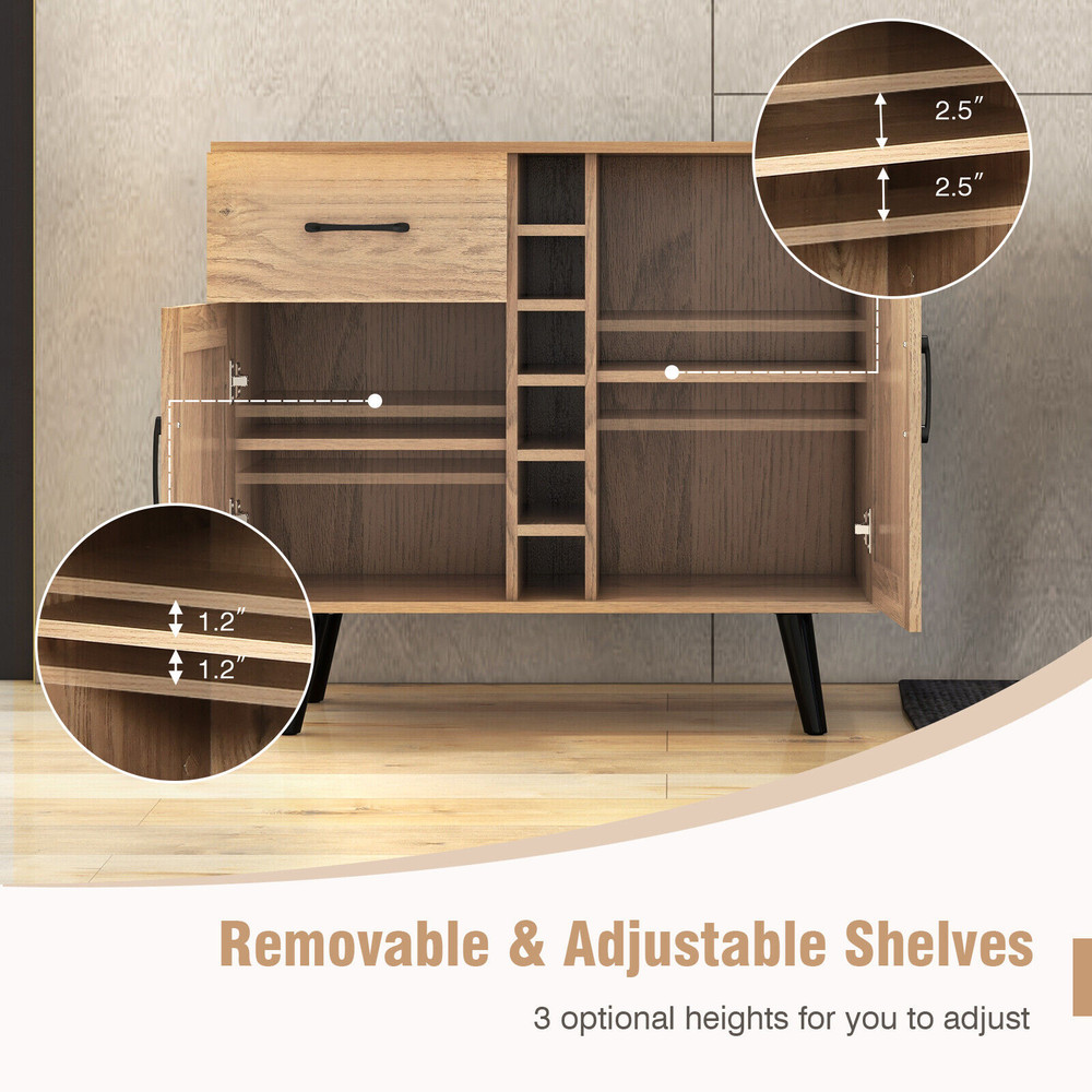 Modern Wine Bar Buffet Cabinet With Bottle Wine Rack Adjustable Storage Drawer  Double Door Sideboa 5