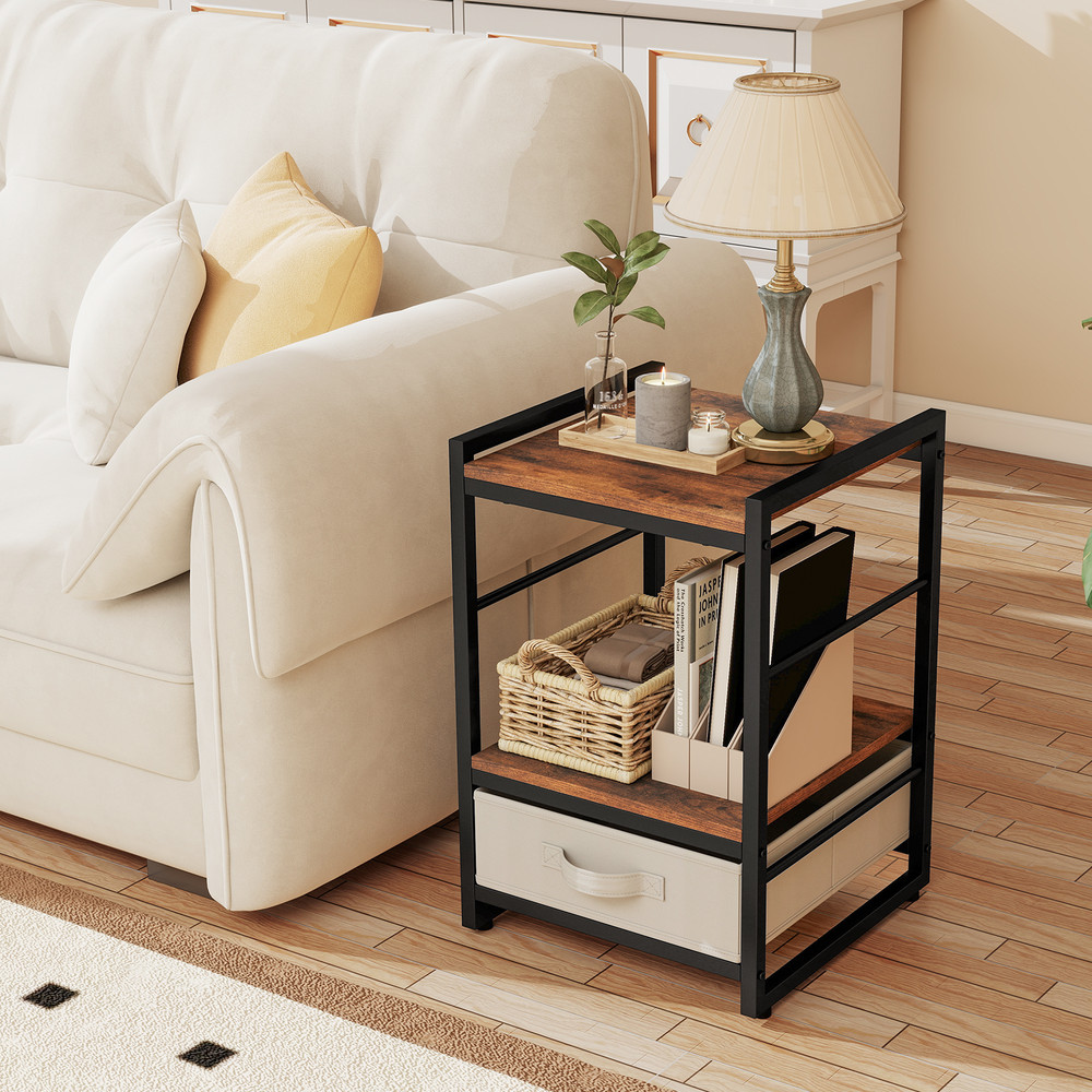 Nightstand Industrial Bedside Table With Open Storage Shelf And Fabric Drawer For Bedroom Or Living 2