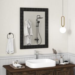 wood framed wall mirror rectangle vanity mirror, elegant black rubberwood frame for living room & entryway