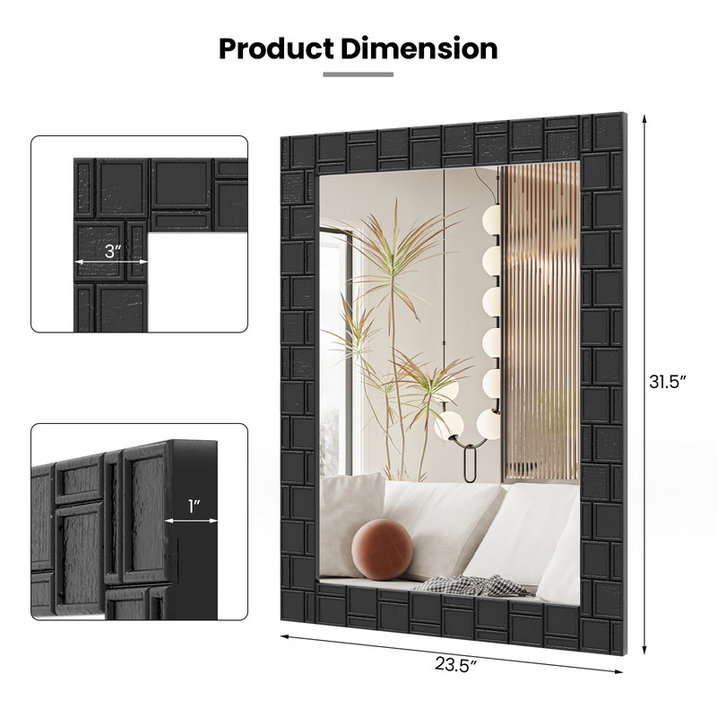 Wood Framed Wall Mirror Rectangle Vanity Mirror Elegant Black Rubberwood Frame For Living Room  Ent 6