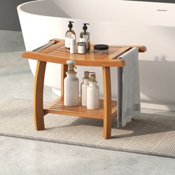 2-tier teak wood shower bench with curved seat, sturdy shower stool & storage shelf
