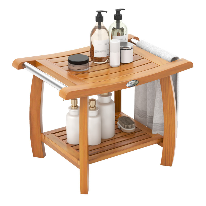 2-Tier Teak Wood Shower Bench with Curved Seat, Sturdy Shower Stool & Storage Shelf