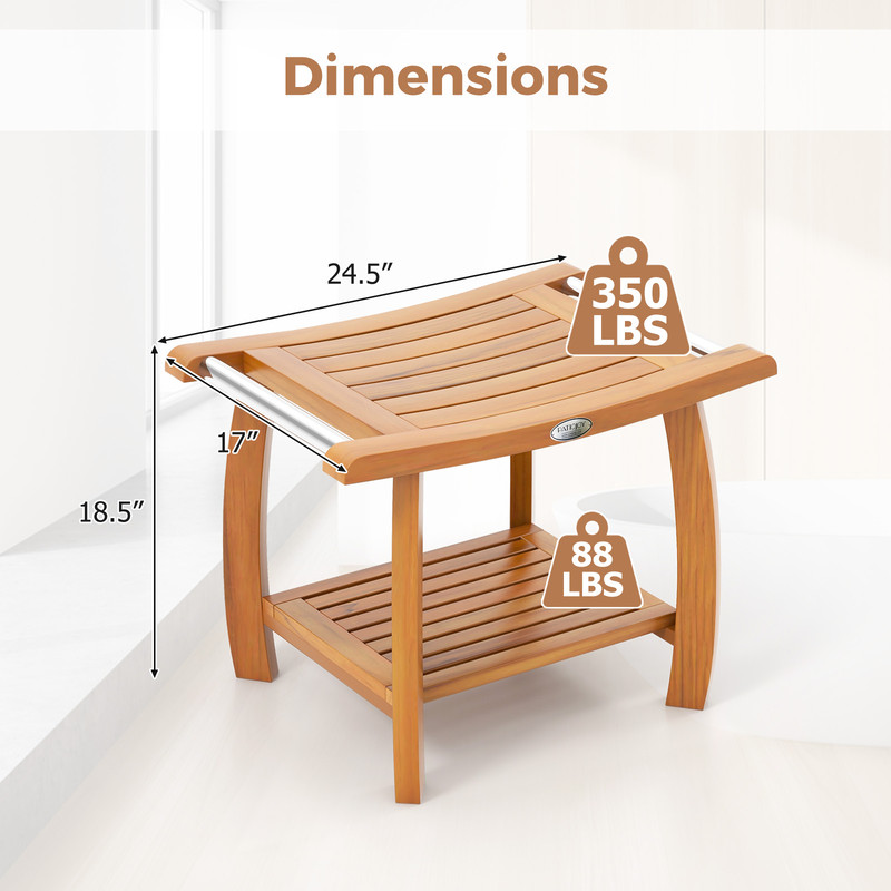 2-Tier Teak Wood Shower Bench with Curved Seat, Sturdy Shower Stool & Storage Shelf