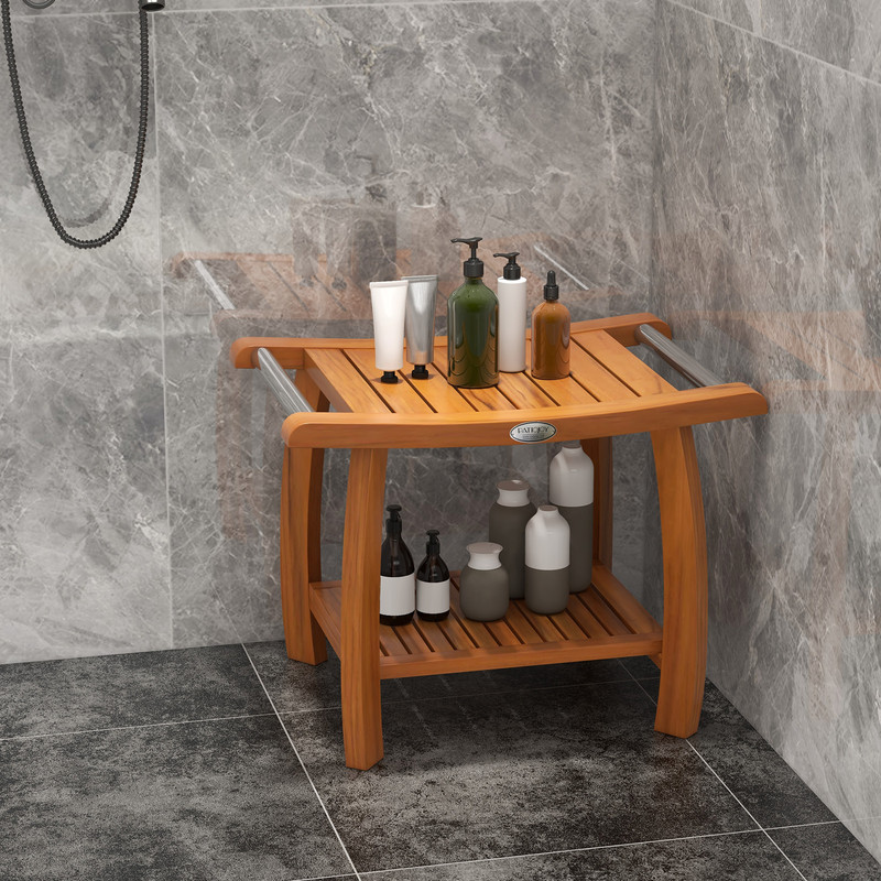 2-Tier Teak Wood Shower Bench with Curved Seat & Handles, Sturdy Shower Stool for Bathroom & Beyond