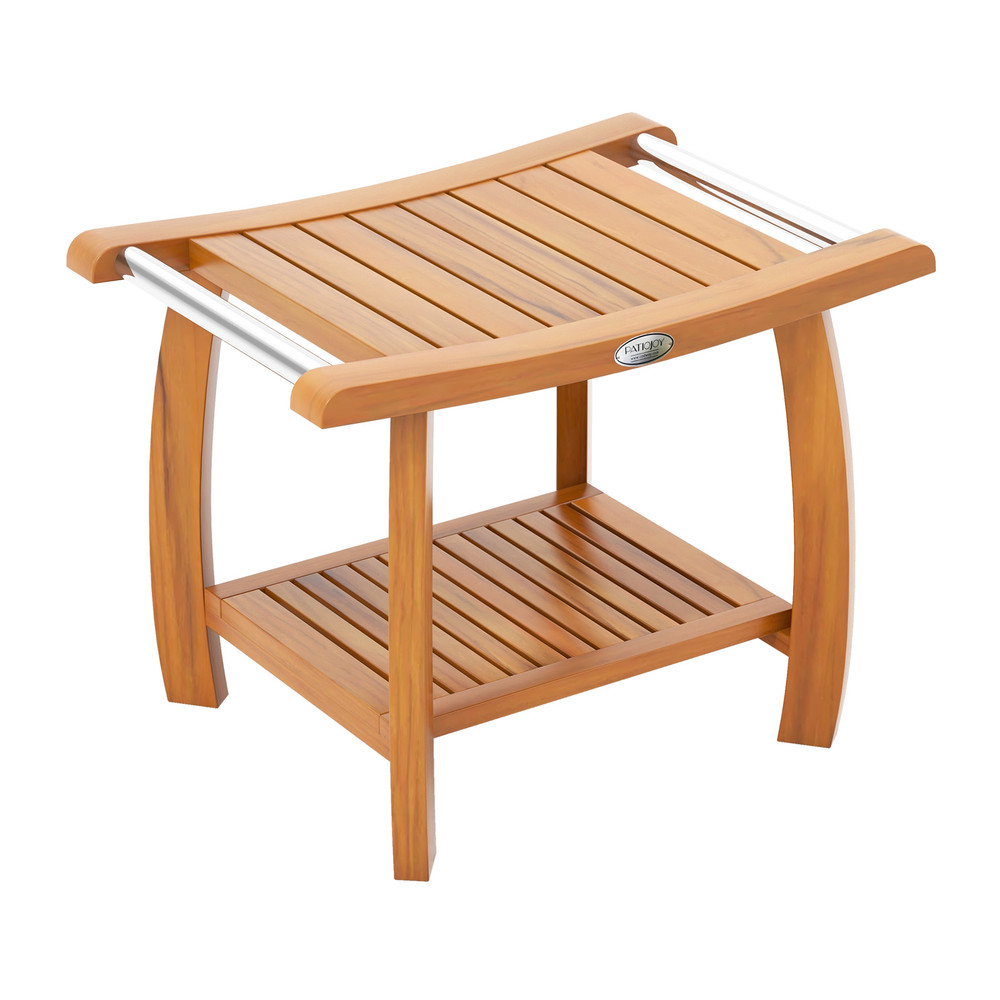 2-Tier Teak Wood Shower Bench with Curved Seat & Handles, Sturdy Shower Stool for Bathroom & Beyond