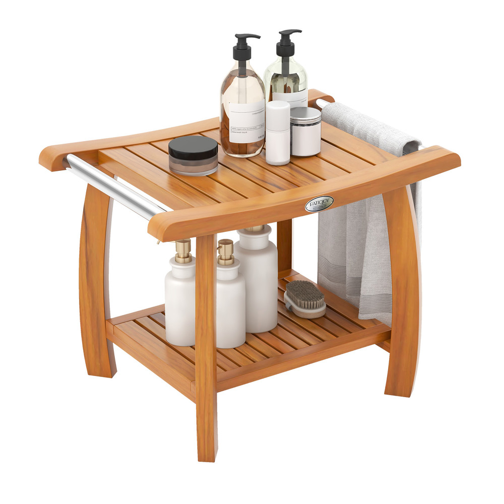 2-Tier Teak Wood Shower Bench with Curved Seat & Handles, Sturdy Shower Stool for Bathroom & Beyond