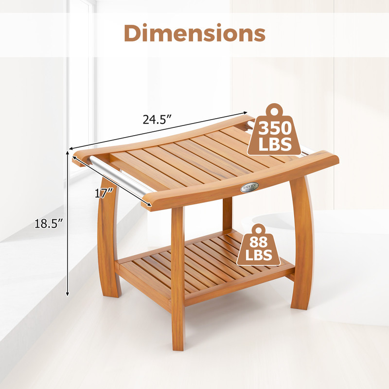 2-Tier Teak Wood Shower Bench with Curved Seat & Handles, Sturdy Shower Stool for Bathroom & Beyond