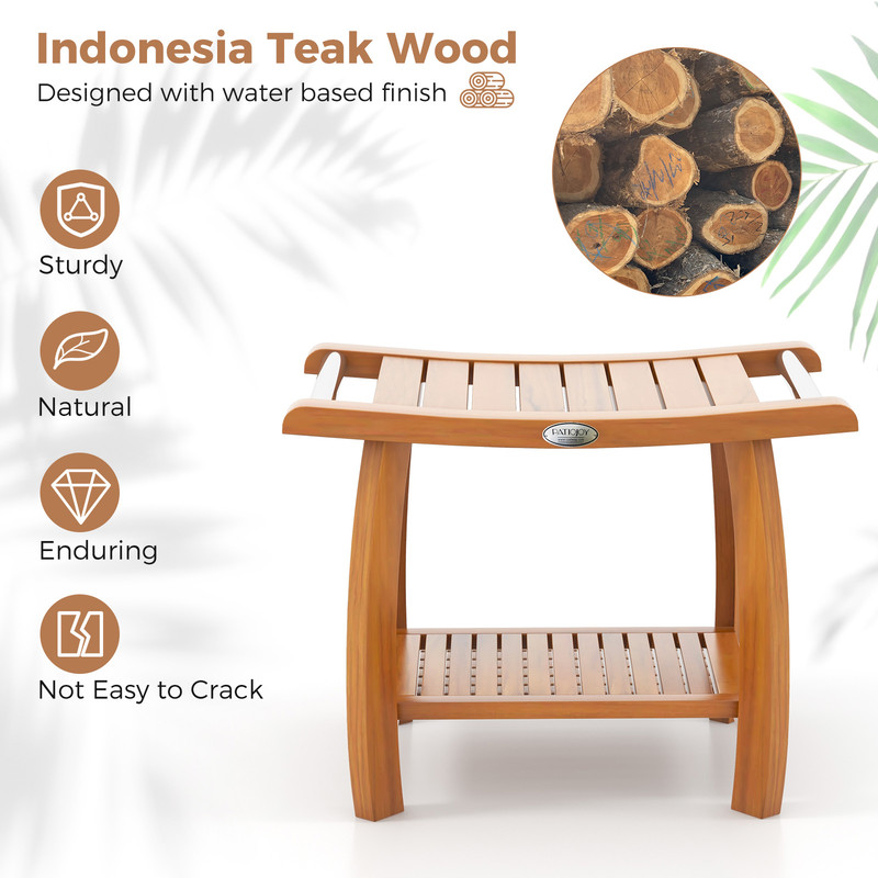 2-Tier Teak Wood Shower Bench with Curved Seat & Handles, Sturdy Shower Stool for Bathroom & Beyond