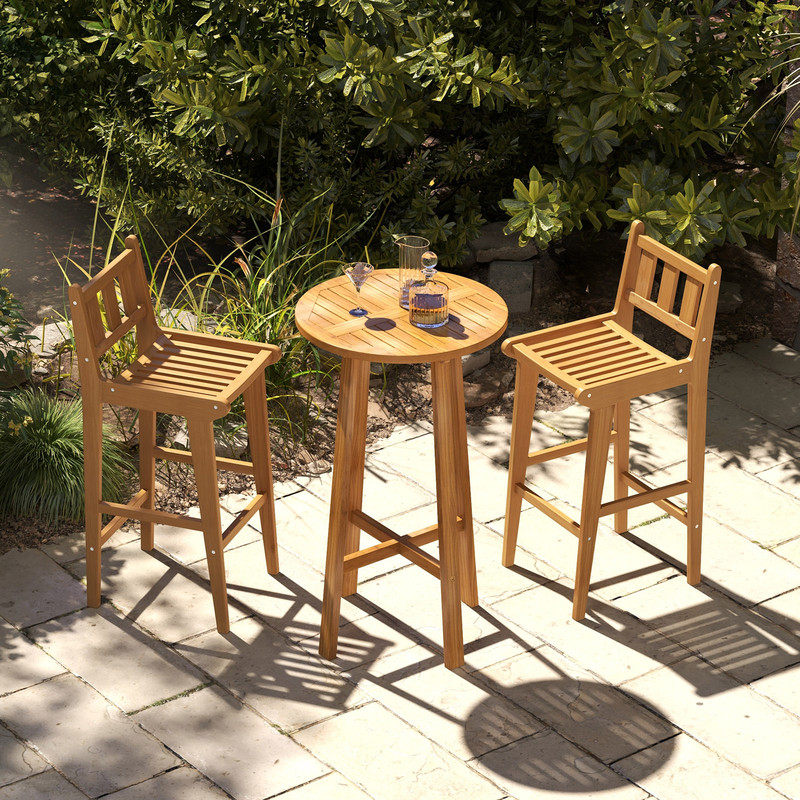 Teak Wood Bar Stool With PE Rattan Weaving 330 Lb Capacity Stool With Back Support  Footrest 0