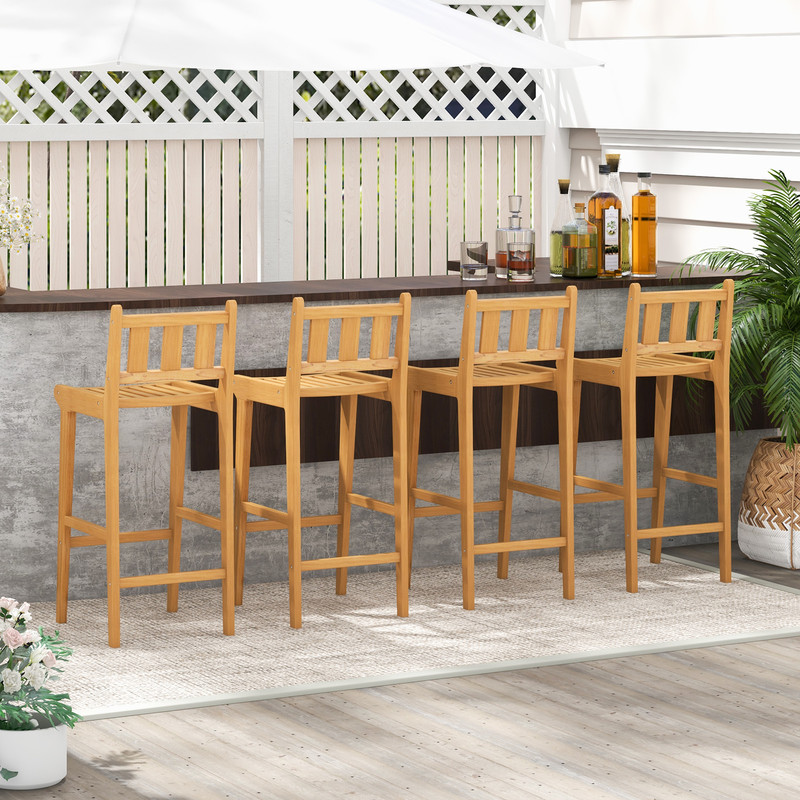 Teak Wood Bar Stool With PE Rattan Weaving 330 Lb Capacity Stool With Back Support  Footrest 1