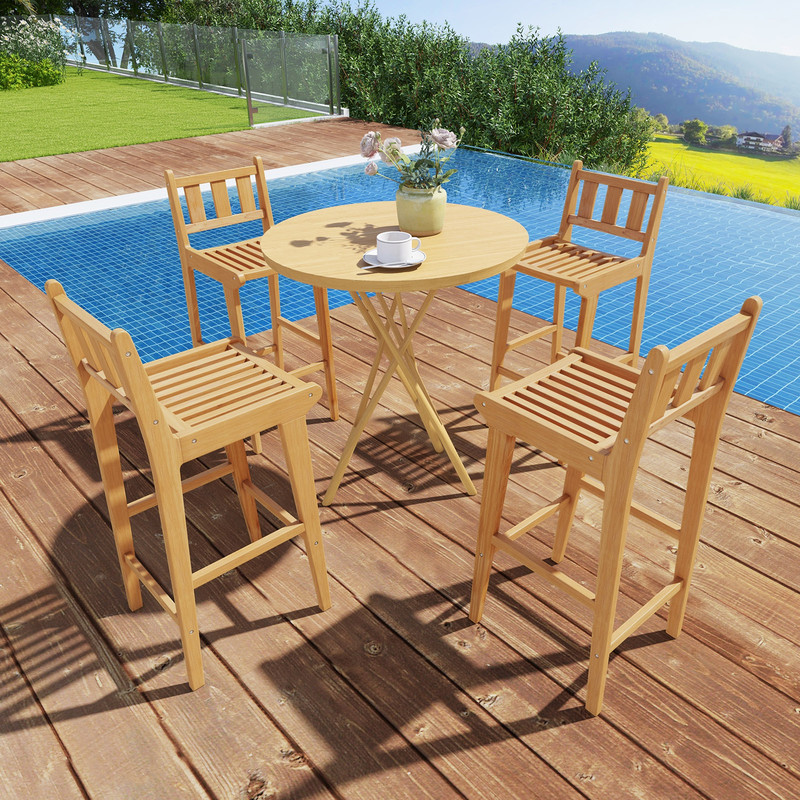 Teak Wood Bar Stool With PE Rattan Weaving 330 Lb Capacity Stool With Back Support  Footrest 2