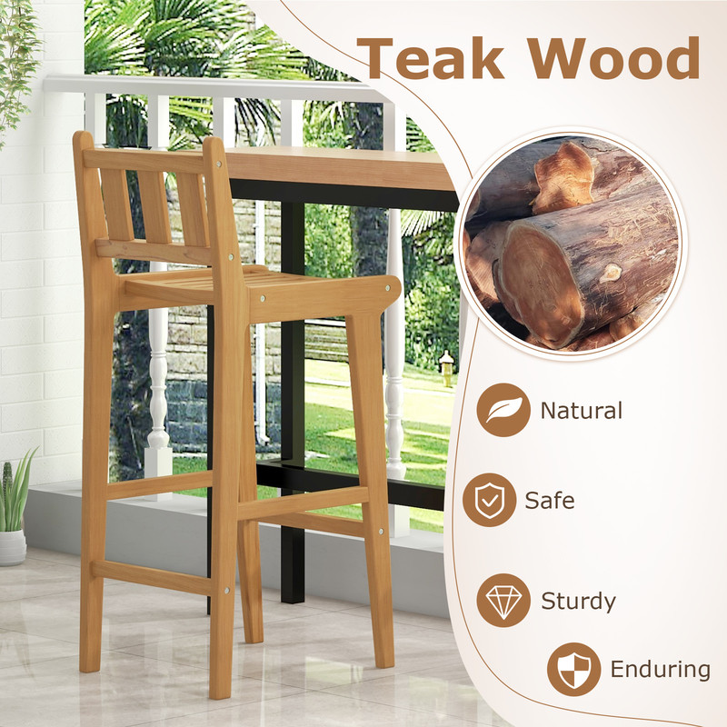 Teak Wood Bar Stool With PE Rattan Weaving 330 Lb Capacity Stool With Back Support  Footrest 4