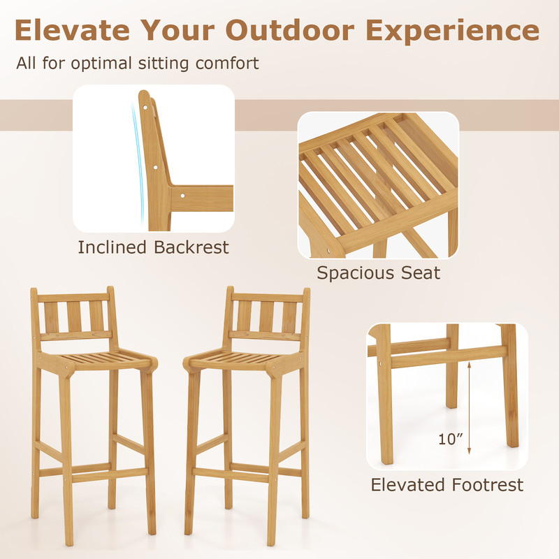 Teak Wood Bar Stool With PE Rattan Weaving 330 Lb Capacity Stool With Back Support  Footrest 3