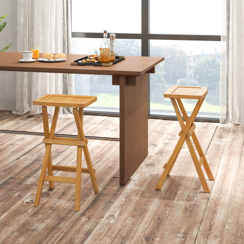 Set Of 2 No Assembly Outdoor Bar Stools Teak Wood Folding Stools With Countered Seat 350 Lb Capacit 1