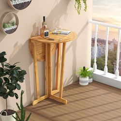 outdoor folding bar table, teak wood oval tabletop with cross base for patio & bistro