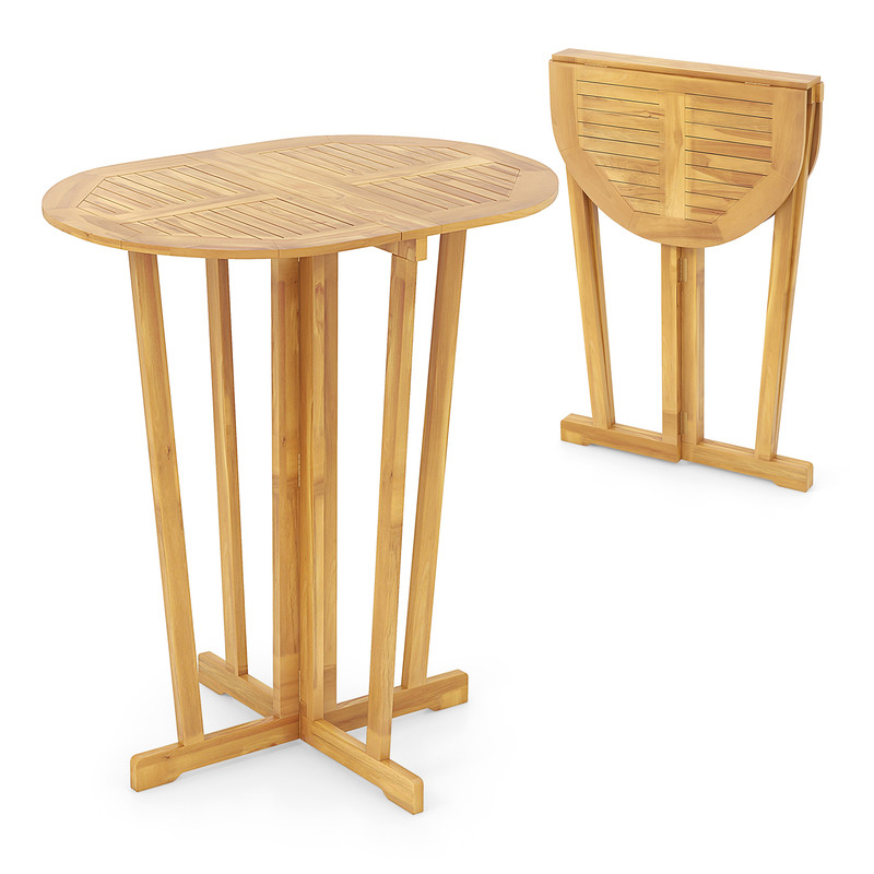 Outdoor Folding Bar Table Teak Wood Oval Tabletop With Cross Base For Patio  Bistro 7