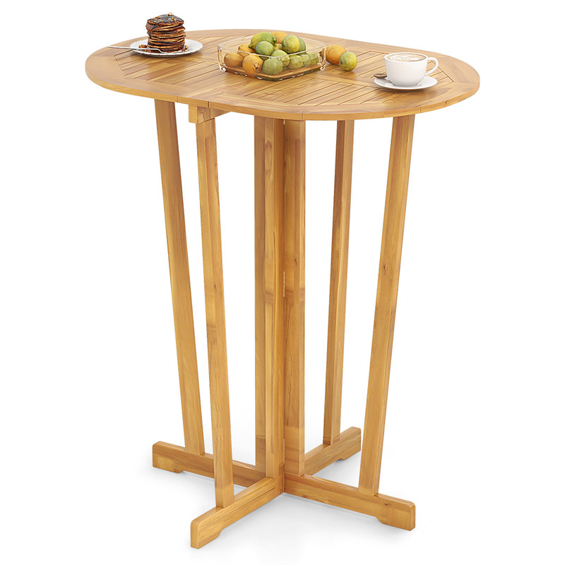 Outdoor Folding Bar Table Teak Wood Oval Tabletop With Cross Base For Patio  Bistro 6
