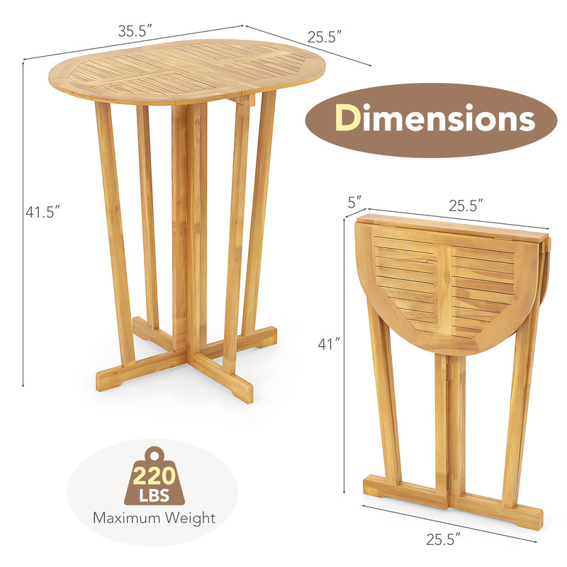 Outdoor Folding Bar Table Teak Wood Oval Tabletop With Cross Base For Patio  Bistro 5