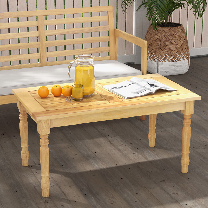 Patio Coffee Table With Solid Teak Wood Structure Slatted Tabletop OutdoorIndoor Side Table 0
