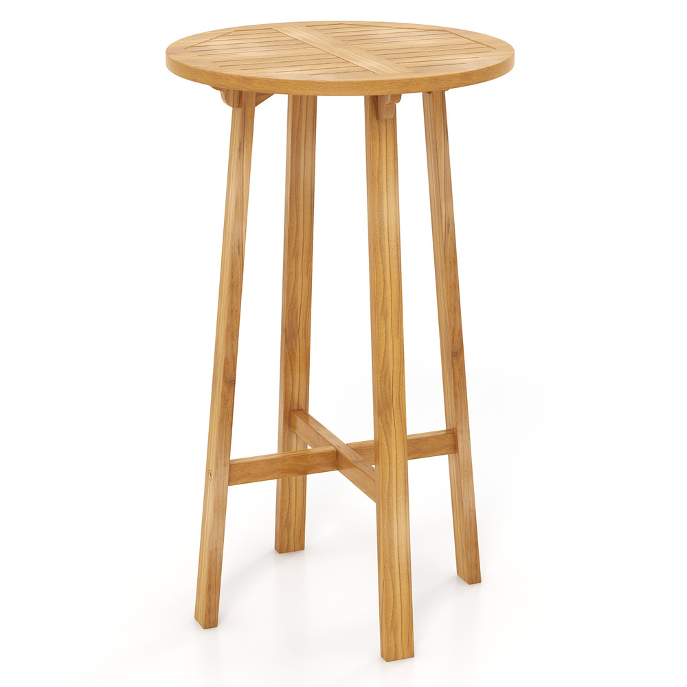Round Teak Wood Bar Table 40 Height With Sturdy Footrest For Patio  Bistro 0