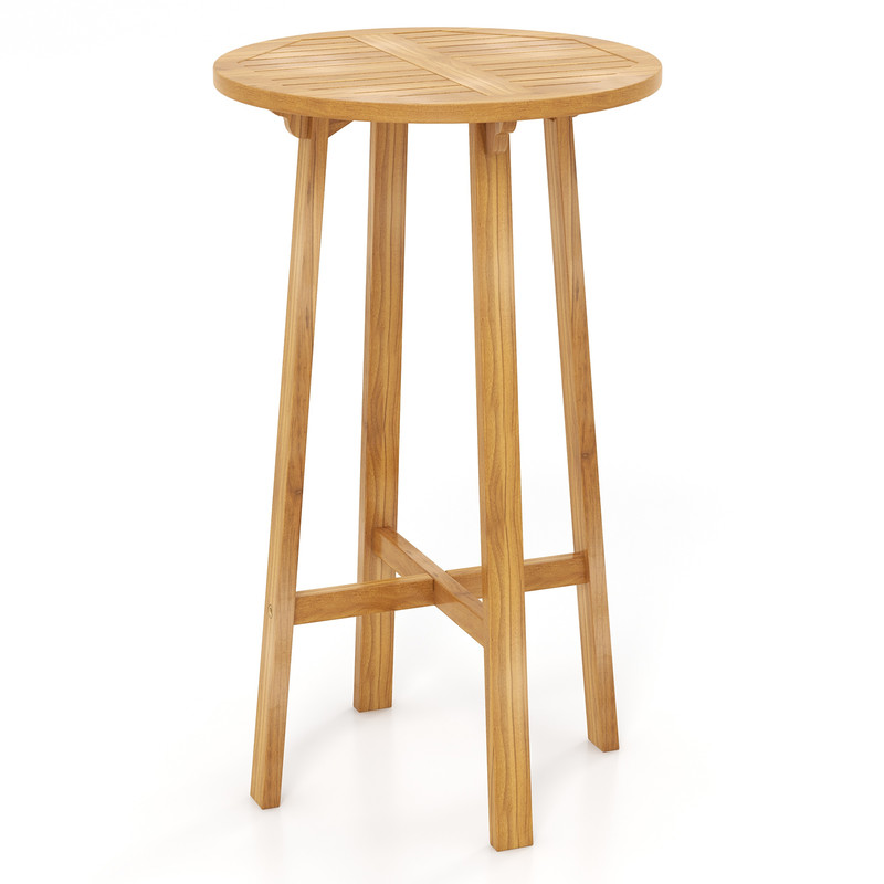 Round Teak Wood Bar Table 40 Height With Sturdy Footrest For Patio  Bistro 0