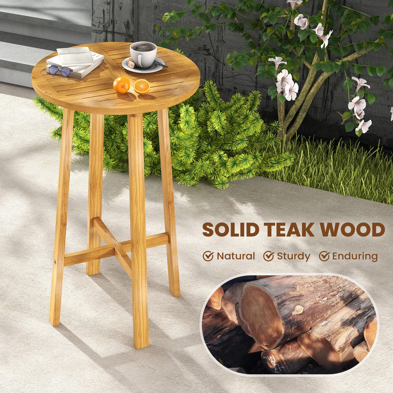 Round Teak Wood Bar Table 40 Height With Sturdy Footrest For Patio  Bistro 1