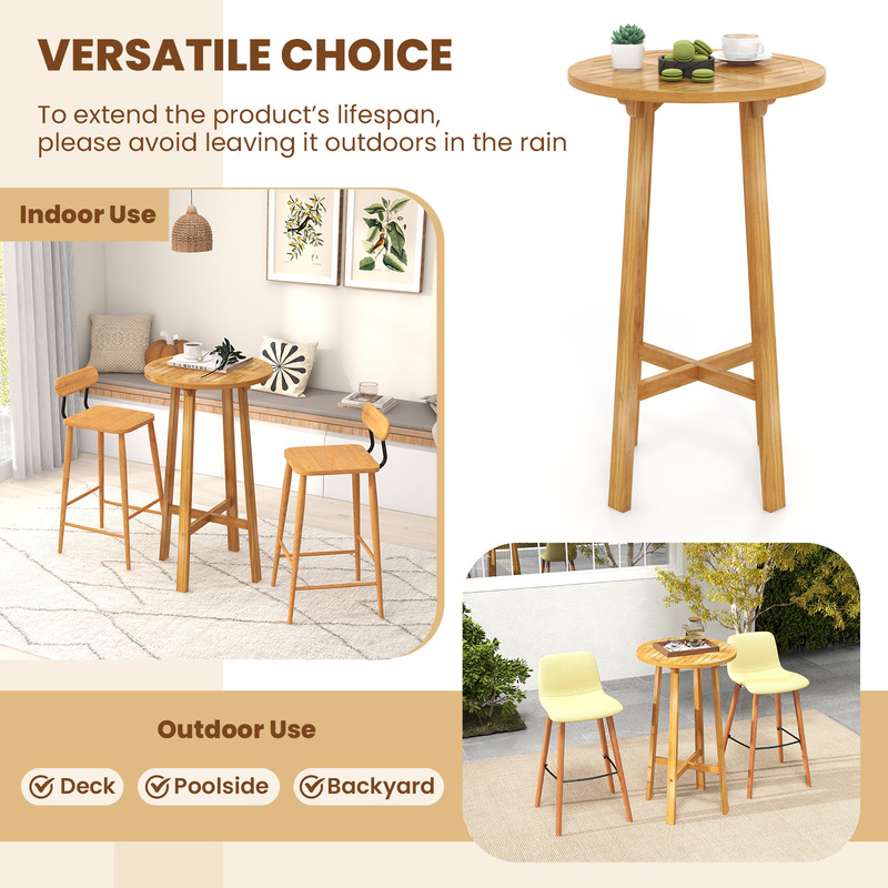 Round Teak Wood Bar Table 40 Height With Sturdy Footrest For Patio  Bistro 2