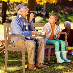 sturdy 2-person teak wood bench, wide backrest & curved armrests for outdoor comfort
