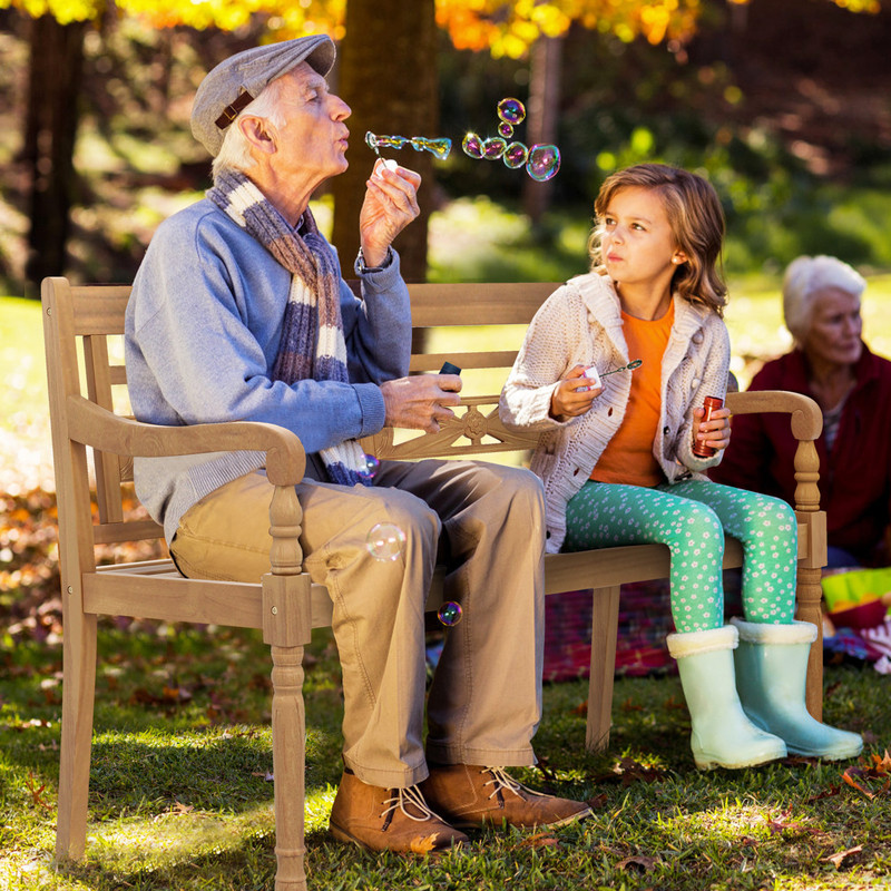 Sturdy 2Person Teak Wood Bench Wide Backrest Curved Armrests For Outdoor Comfort 0