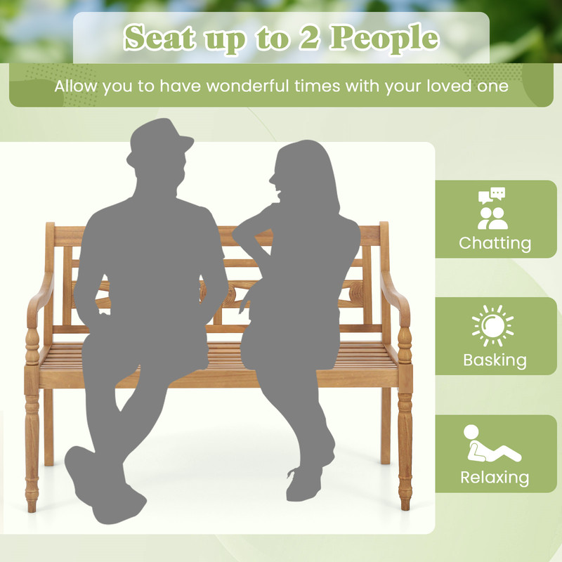 Sturdy 2Person Teak Wood Bench Wide Backrest Curved Armrests For Outdoor Comfort 3