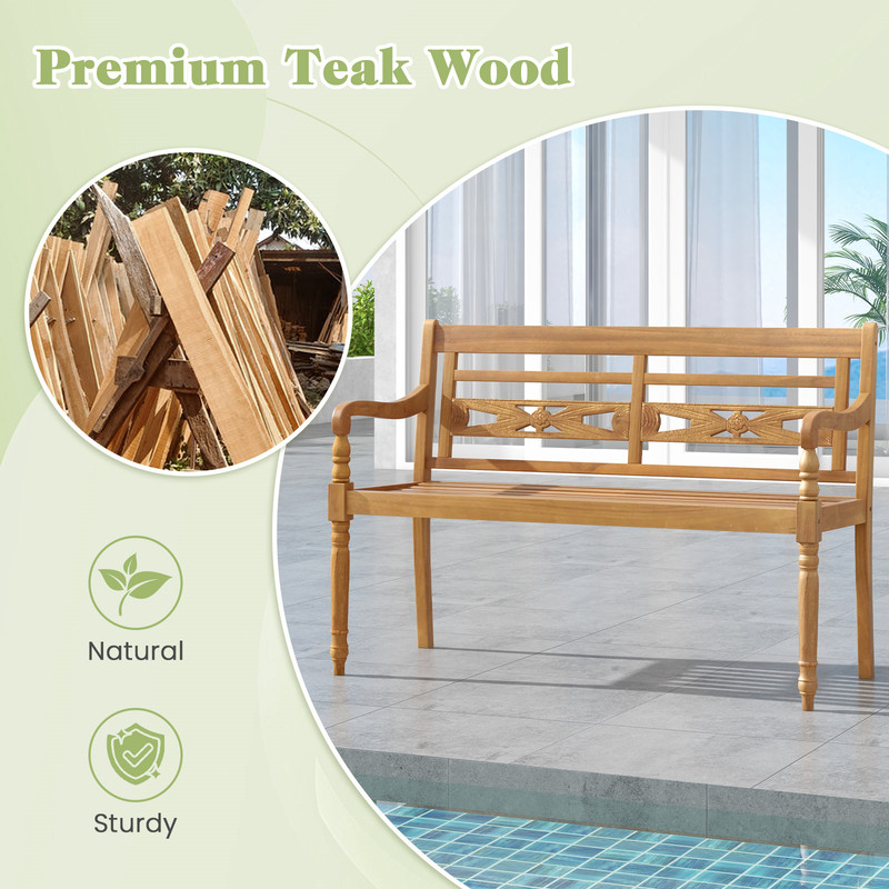 Sturdy 2Person Teak Wood Bench Wide Backrest Curved Armrests For Outdoor Comfort 2