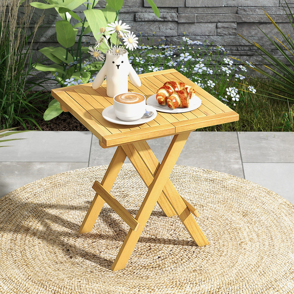 Teak Wood Square Coffee Table With XShaped Legs  Slatted Tabletop Foldable Outdoor Design 1