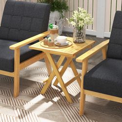 teak wood square coffee table with x-shaped legs & slatted tabletop, foldable outdoor design