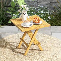 patio folding side table with x-shaped legs & slatted tabletop, teak wood, compact & portable