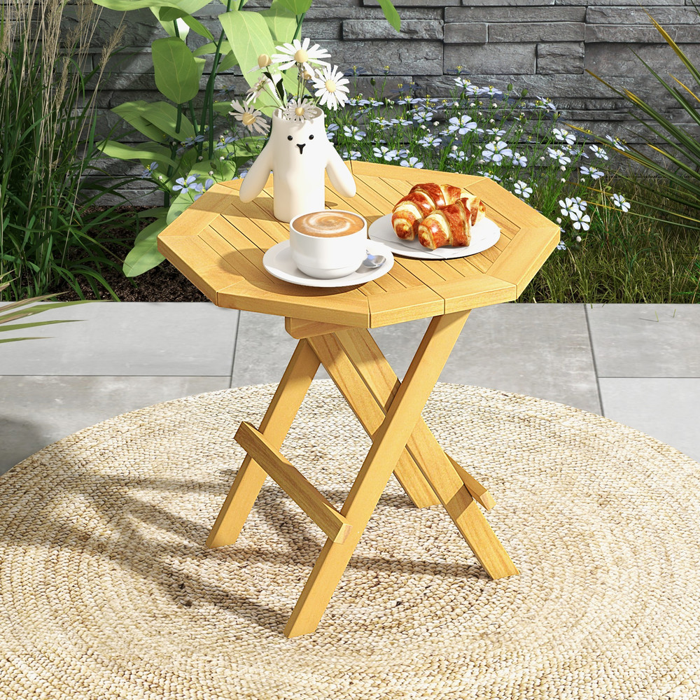 Teak Wood Octagon Coffee Table With XShaped Legs  Slatted Tabletop Foldable Outdoor Design 1