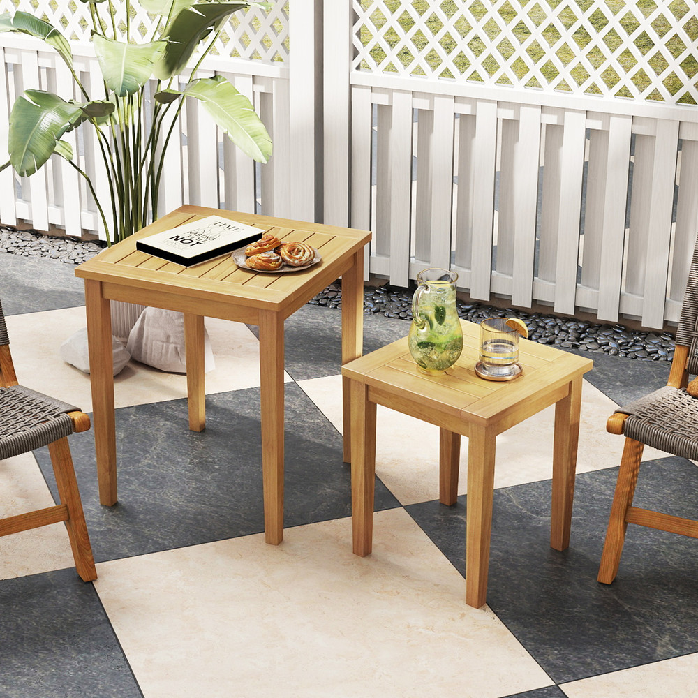 2Piece SpaceSaving Nesting Table Set Teak Wood Outdoor Patio Side Tables With Slatted Tops 1