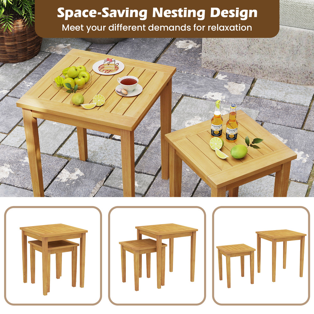 2Piece SpaceSaving Nesting Table Set Teak Wood Outdoor Patio Side Tables With Slatted Tops 3